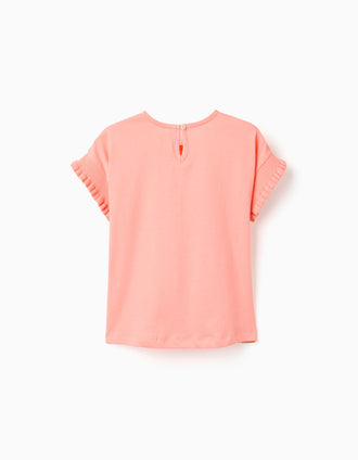 Cotton T-shirt with ruffled sleeves for girls, light coral