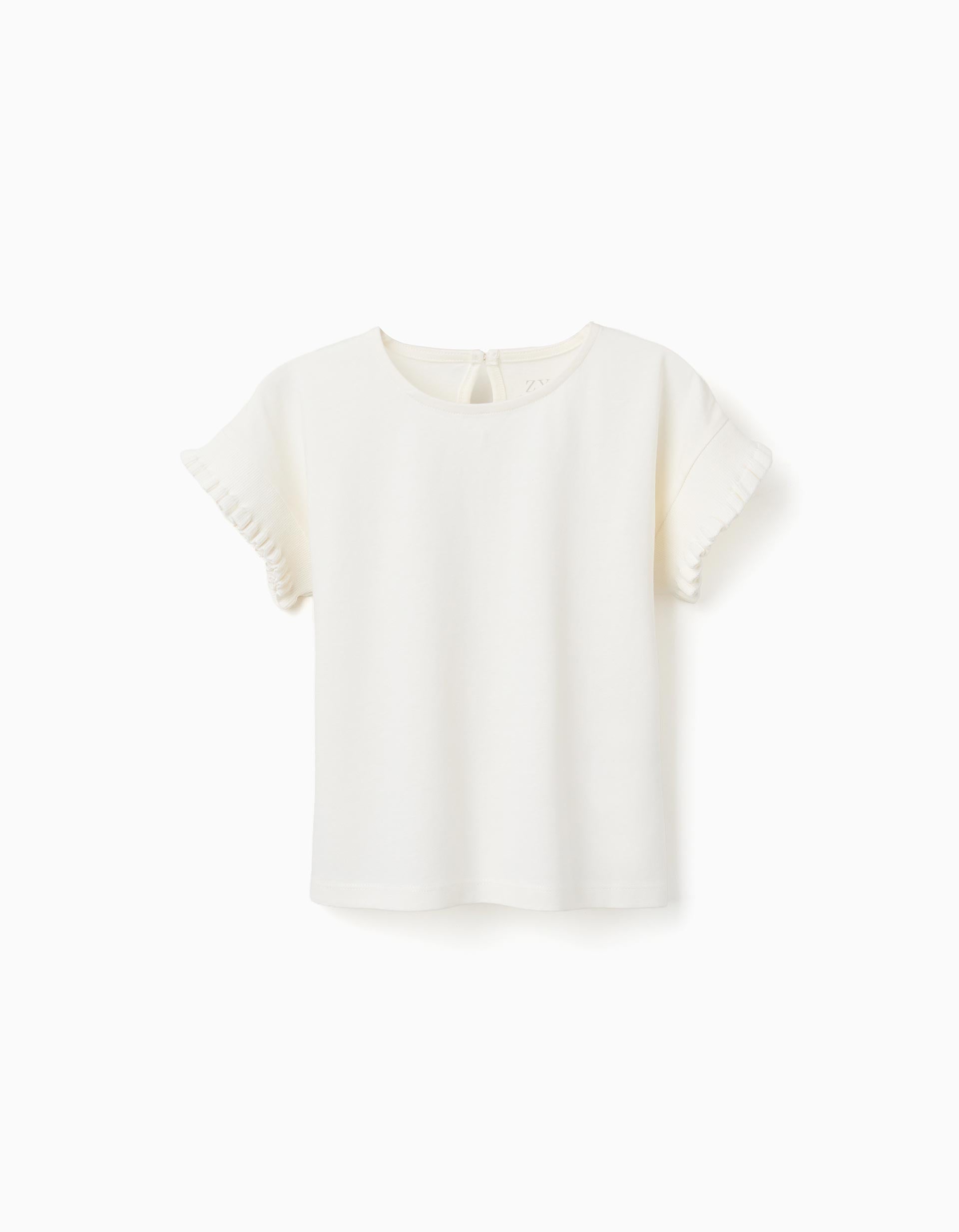 Cotton T-shirt with ruffled sleeves for girls, white