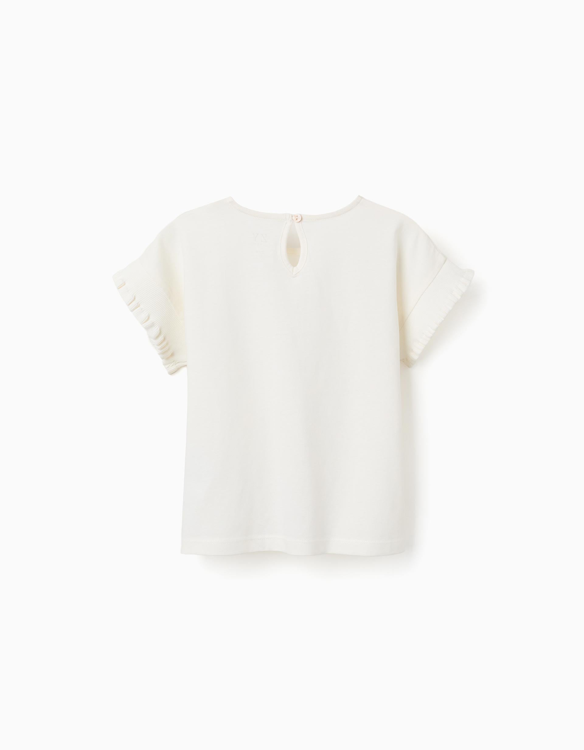 Cotton T-shirt with ruffled sleeves for girls, white