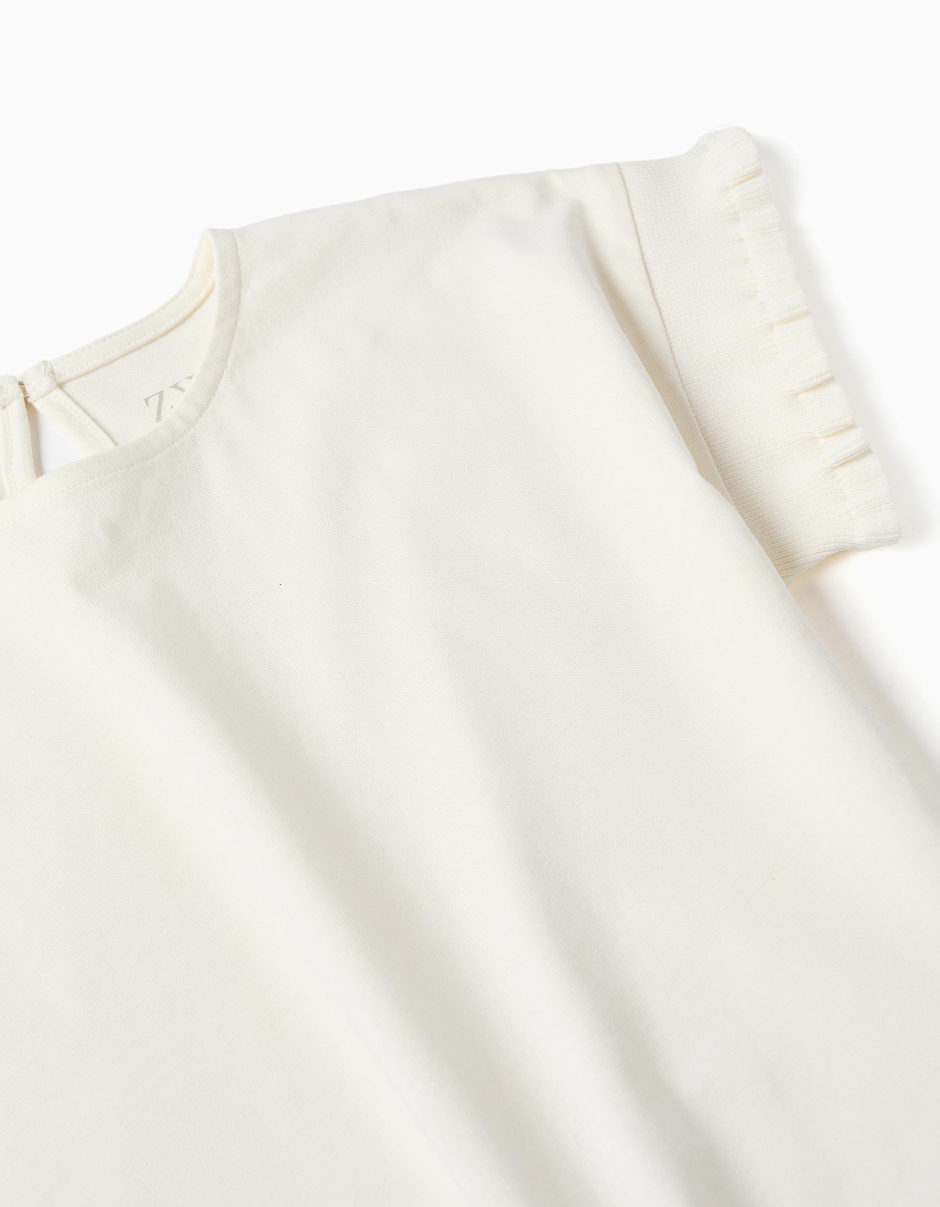 Cotton T-shirt with ruffled sleeves for girls, white