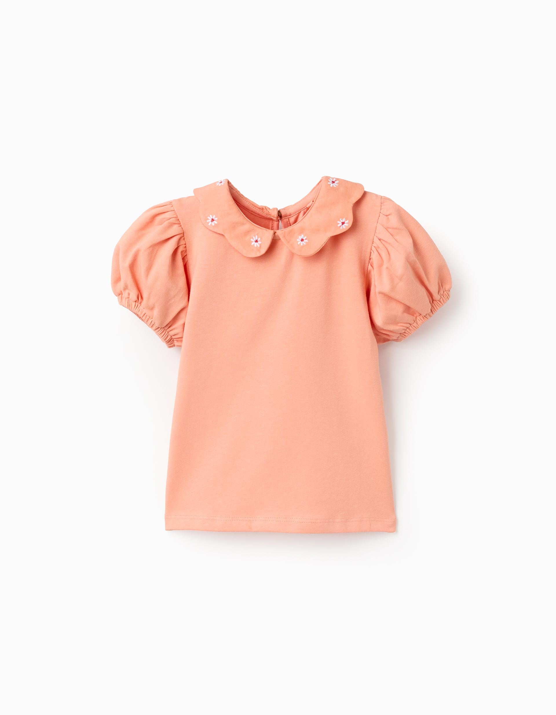 Cotton T-shirt with embroidered flowers for baby girls, salmon orange