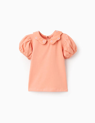 Camiseta de algodón con flores bordadas para bebé niña, naranja salmón