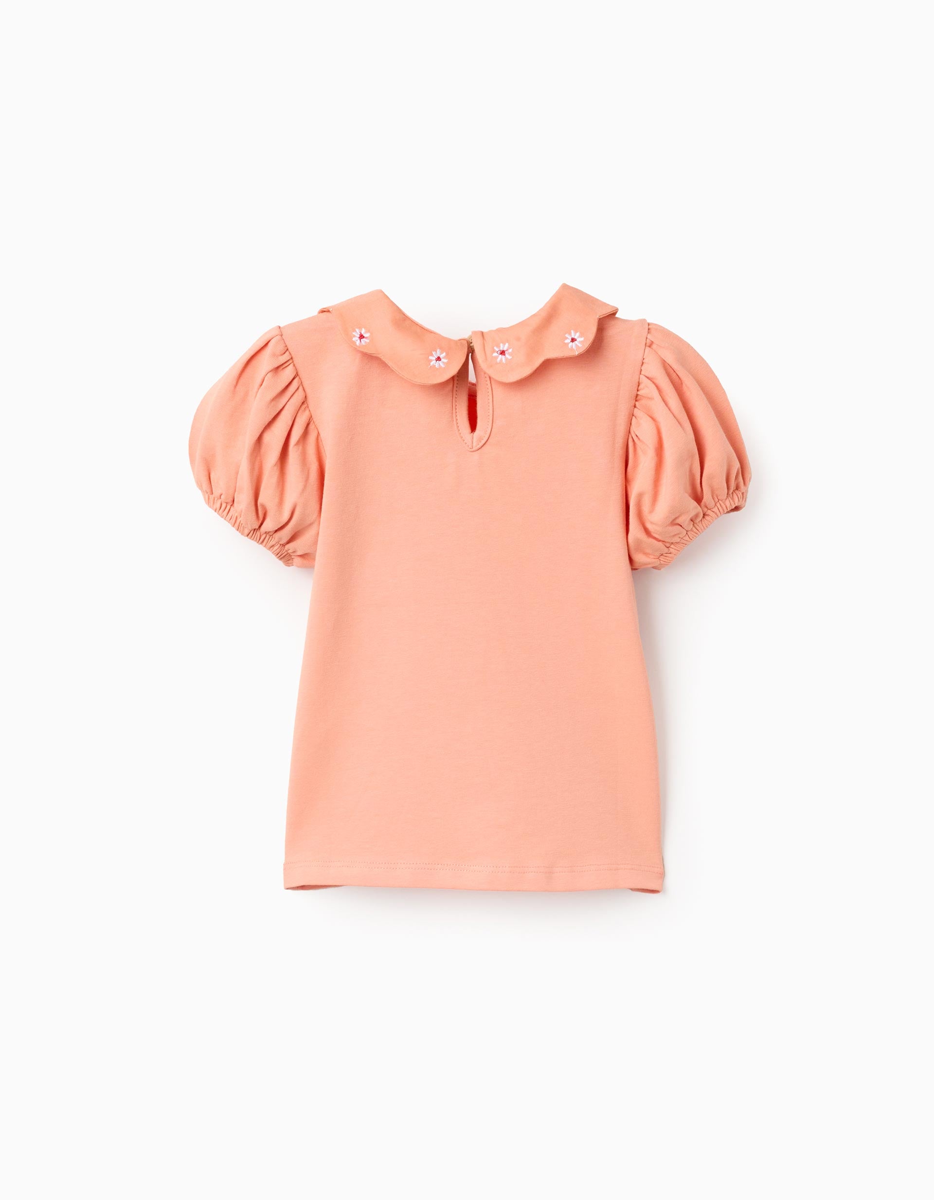 Cotton T-shirt with embroidered flowers for baby girls, salmon orange