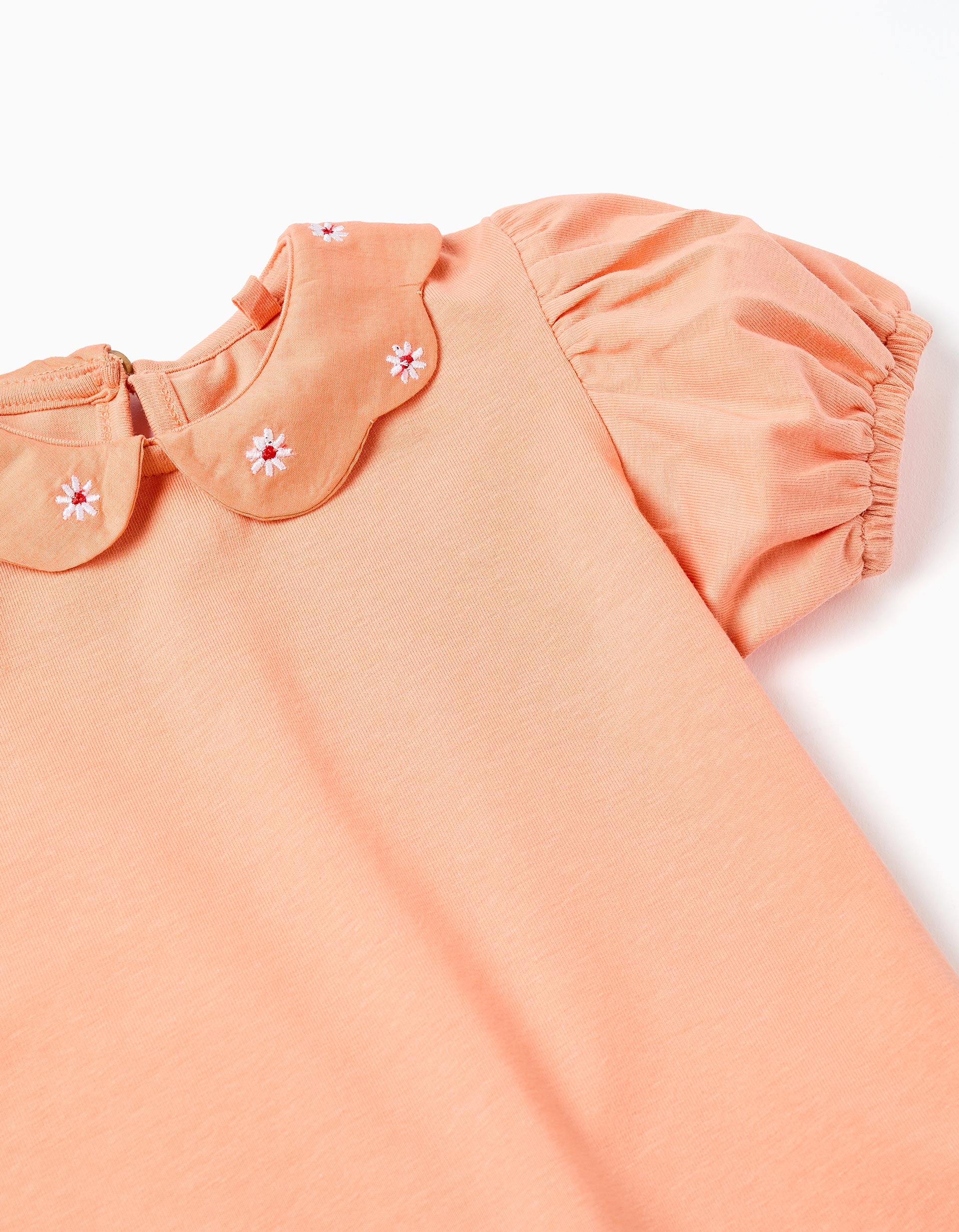 Cotton T-shirt with embroidered flowers for baby girls, salmon orange