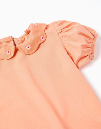Camiseta de algodón con flores bordadas para bebé niña, naranja salmón