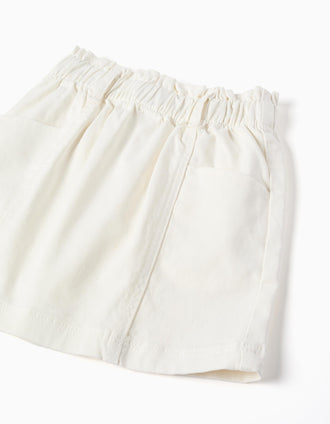 Saia de sarja com cintura paperbag e bolsos para menina, branco