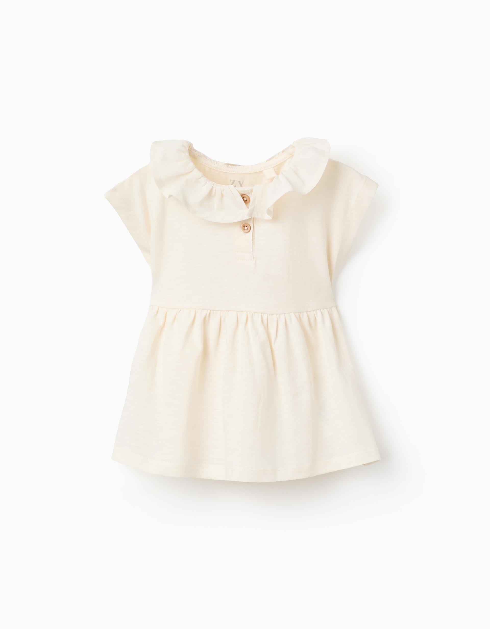 Cotton T-shirt with ruffled collar for baby girls, light beige