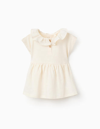 Camiseta de algodón con cuello con volantes para bebé niña, beige claro