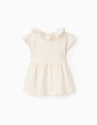 Camiseta de algodón con cuello con volantes para bebé niña, beige claro