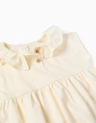 Camiseta de algodón con cuello con volantes para bebé niña, beige claro