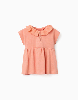 Camiseta de algodón con cuello con volantes para bebé niña, naranja