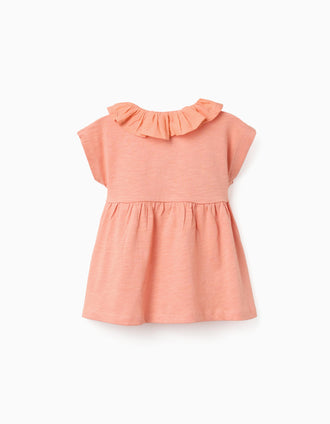 Camiseta de algodón con cuello con volantes para bebé niña, naranja