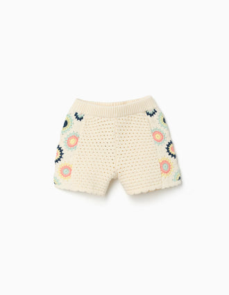 Cotton knit shorts with crochet flowers for girls, light beige