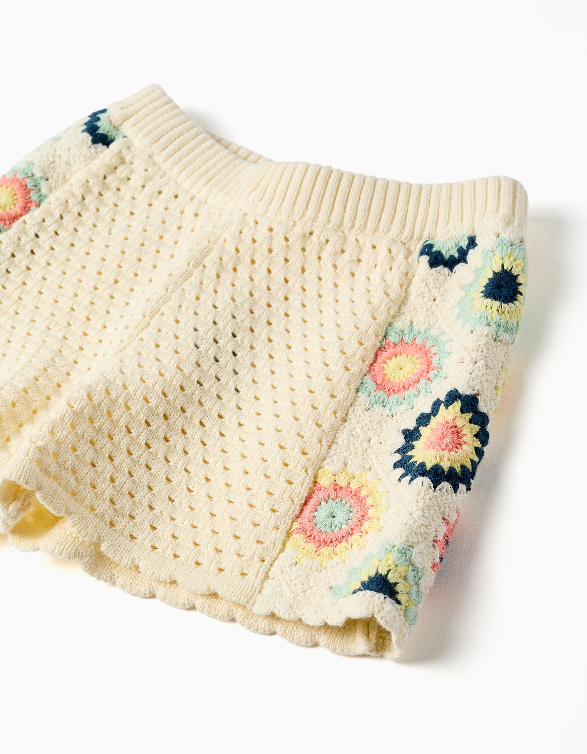 Shorts en maille avec fleurs au crochet pour fille, beige clair