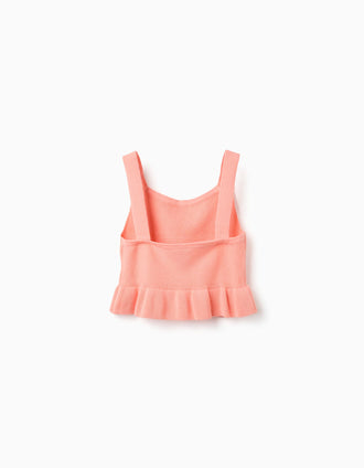 Top sem mangas de malha com folhos para menina, coral-claro