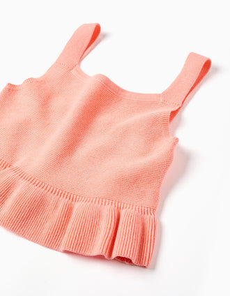 Top sem mangas de malha com folhos para menina, coral-claro