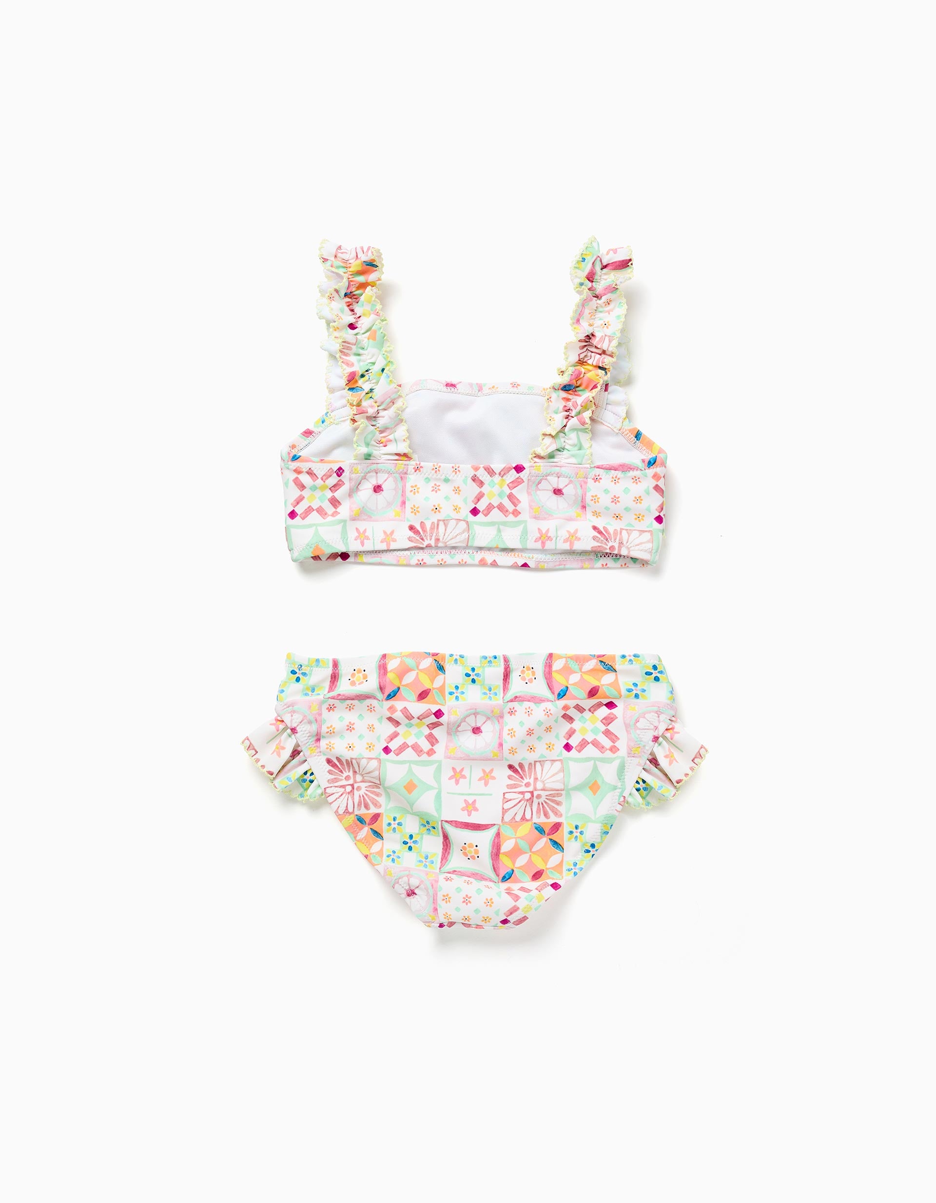 Bikini con estampado de azulejos y volantes para niña, multicolor