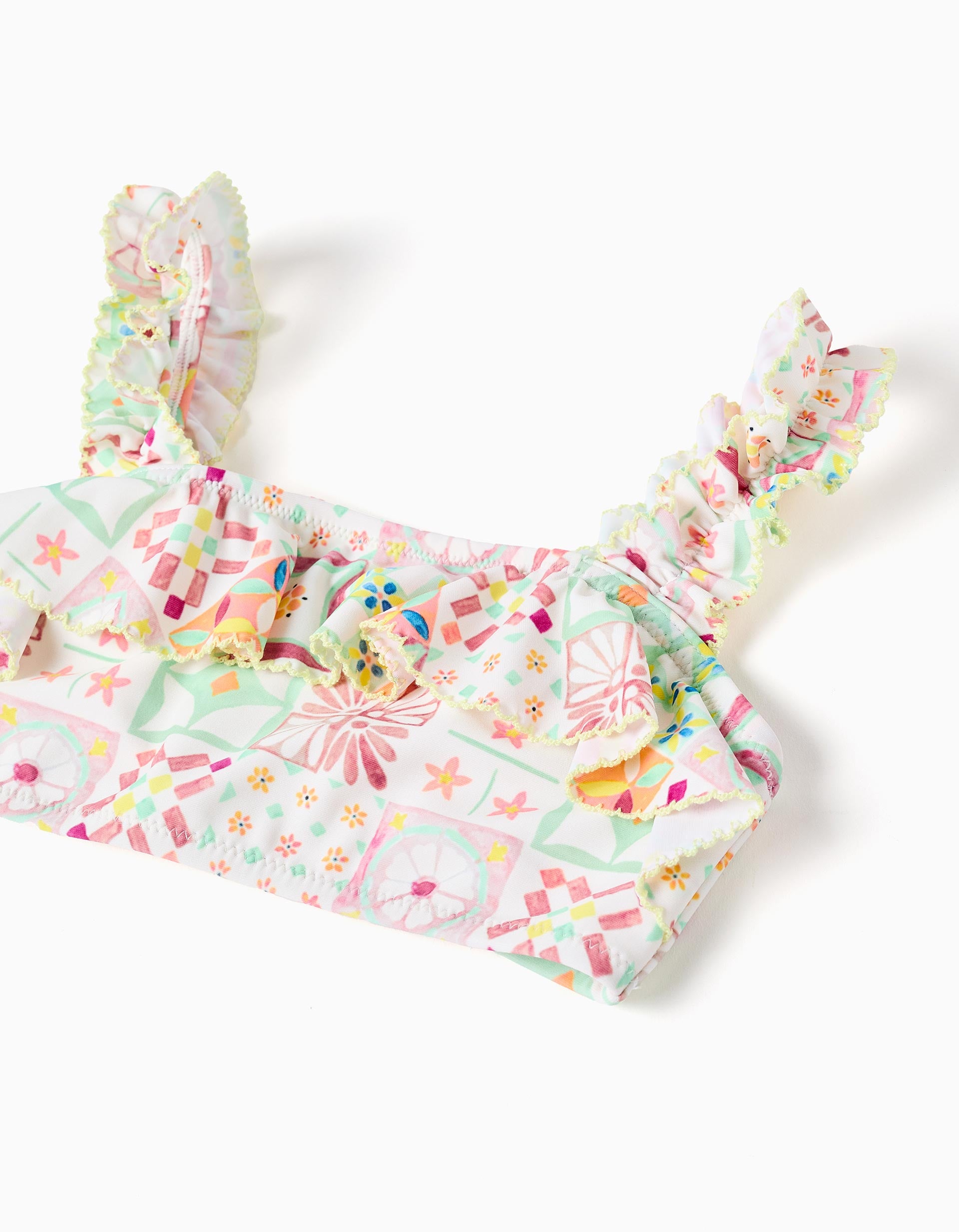 Bikini con estampado de azulejos y volantes para niña, multicolor