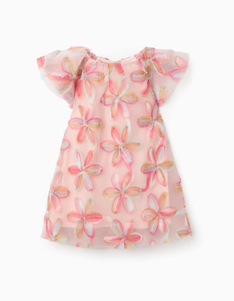 Short sleeve tulle dress with 3D flowers for baby girls, light pink