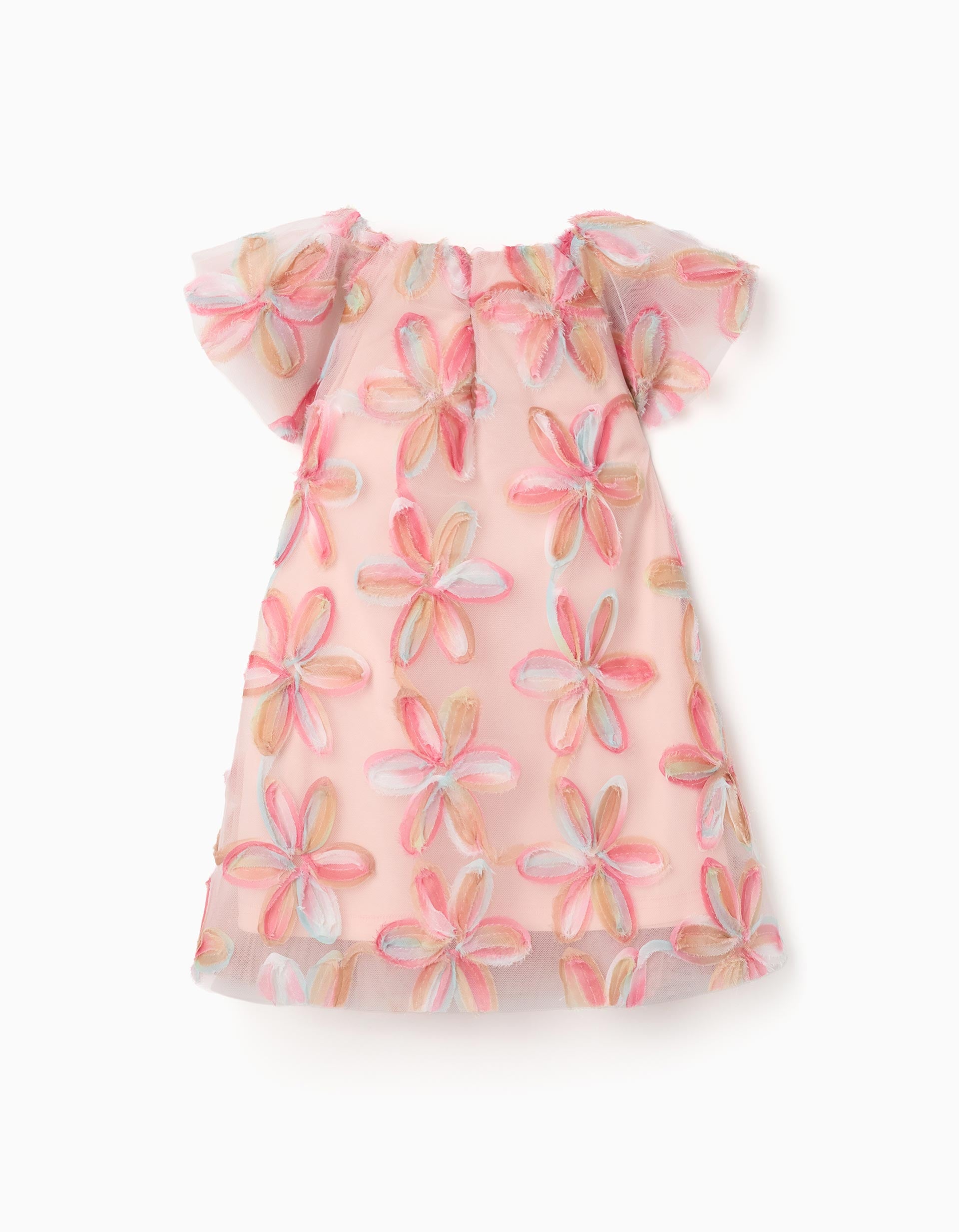 Vestido de tul de manga corta con flores 3D para bebé niña, rosa claro