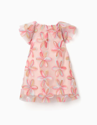 Short sleeve tulle dress with 3D flowers for baby girls, light pink