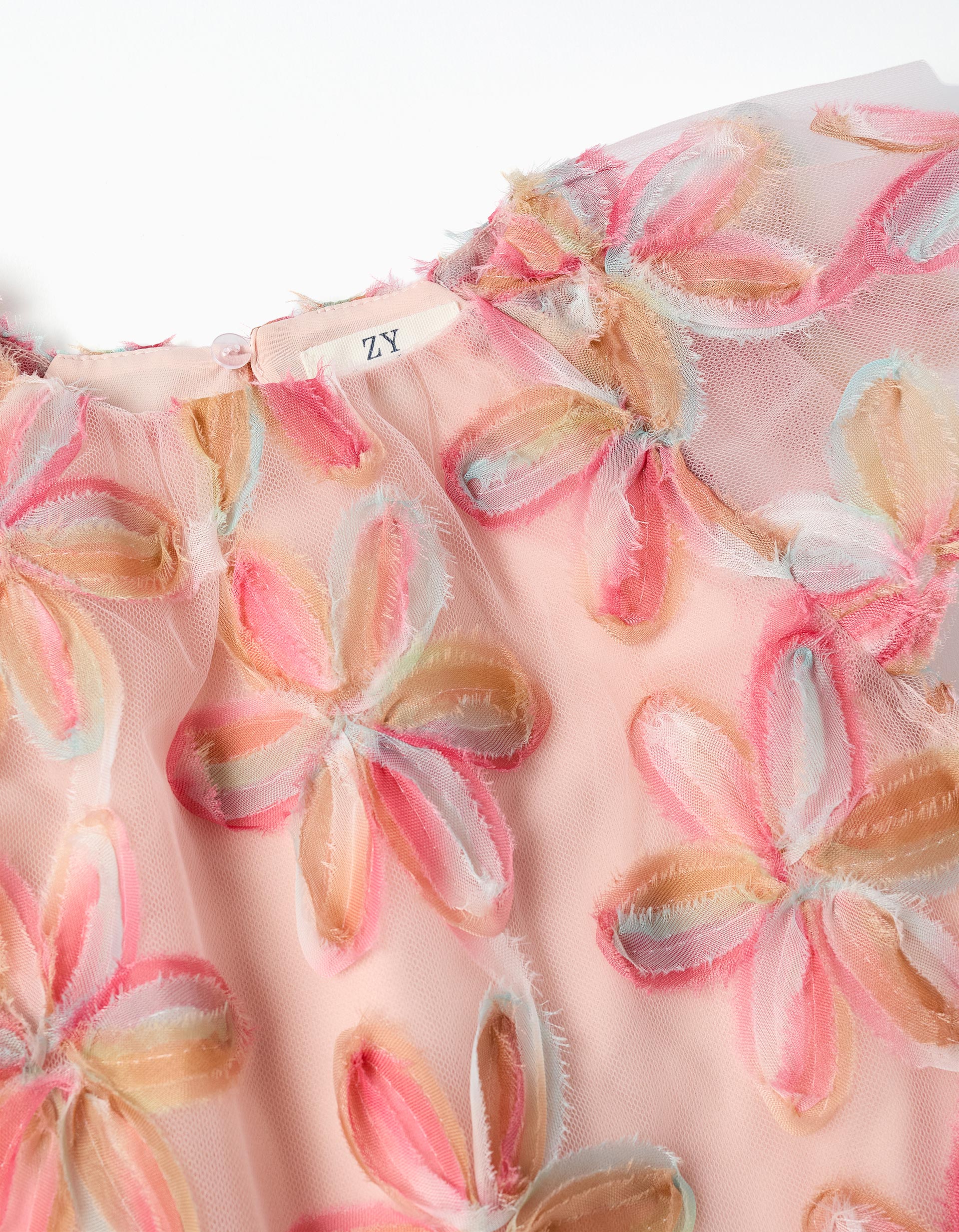 Vestido de tul de manga corta con flores 3D para bebé niña, rosa claro