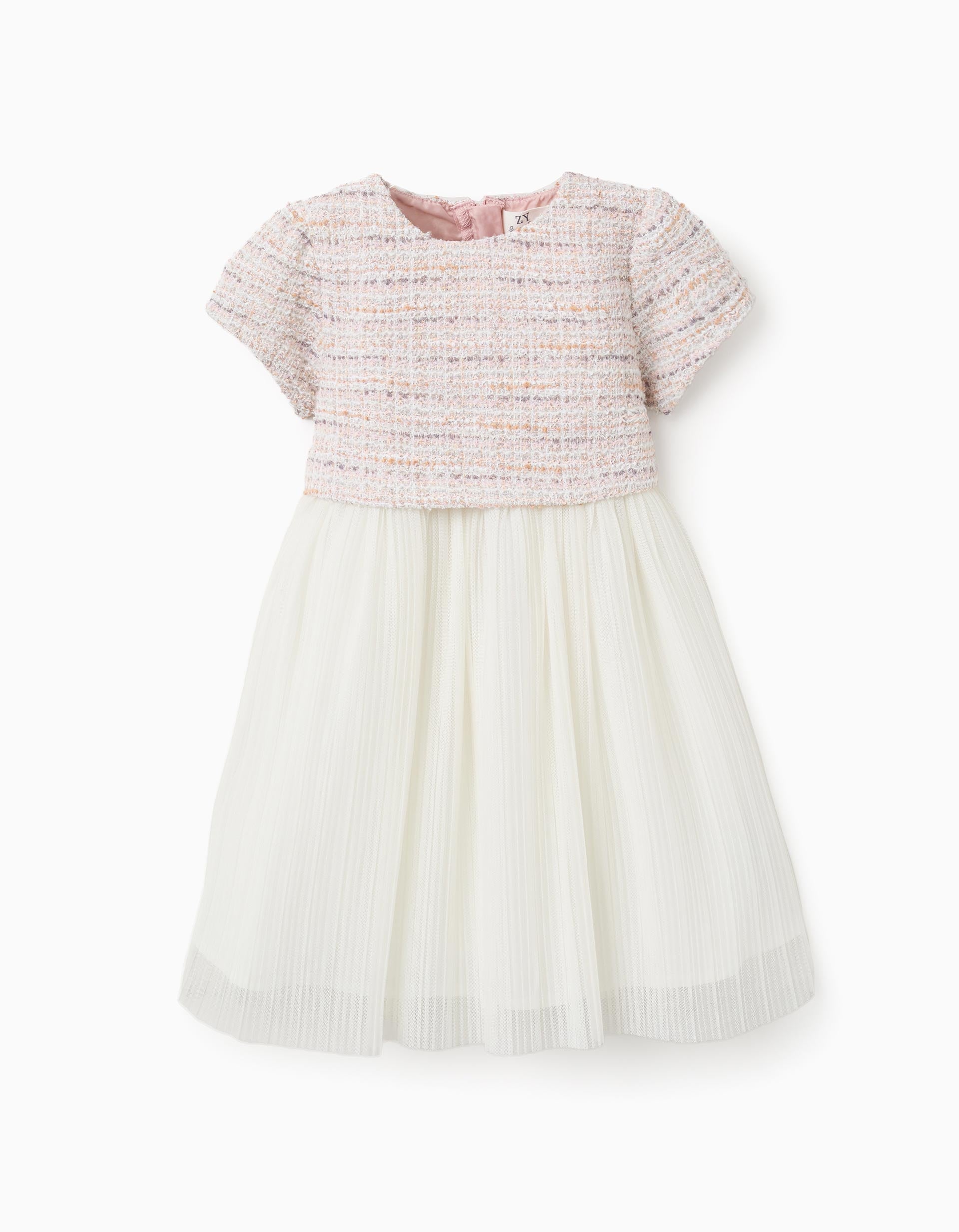 Vestido combinado de manga corta en tweed y malla para bebé niña, rosa