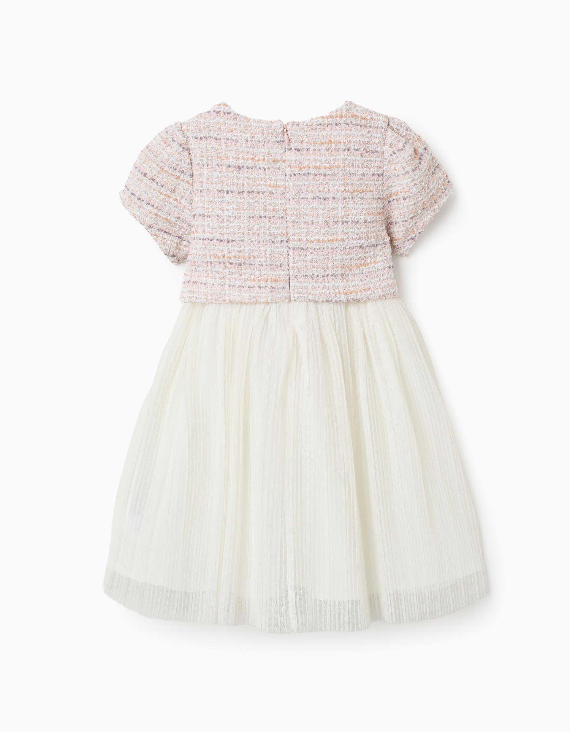 Vestido combinado de manga corta en tweed y malla para bebé niña, rosa