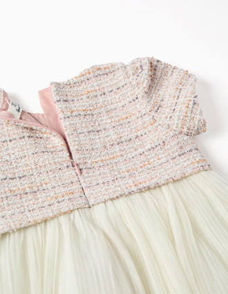 Vestido combinado de manga corta en tweed y malla para bebé niña, rosa
