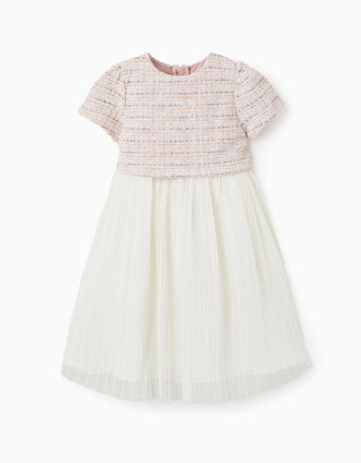 Vestido combinado de manga corta en tweed y malla para niña, rosa