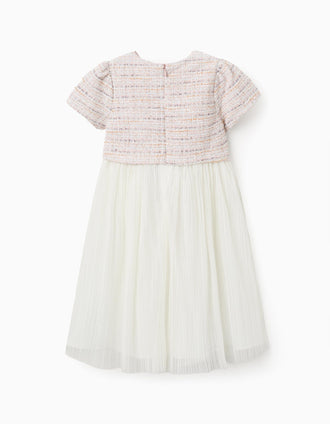 Vestido combinado de manga corta en tweed y malla para niña, rosa