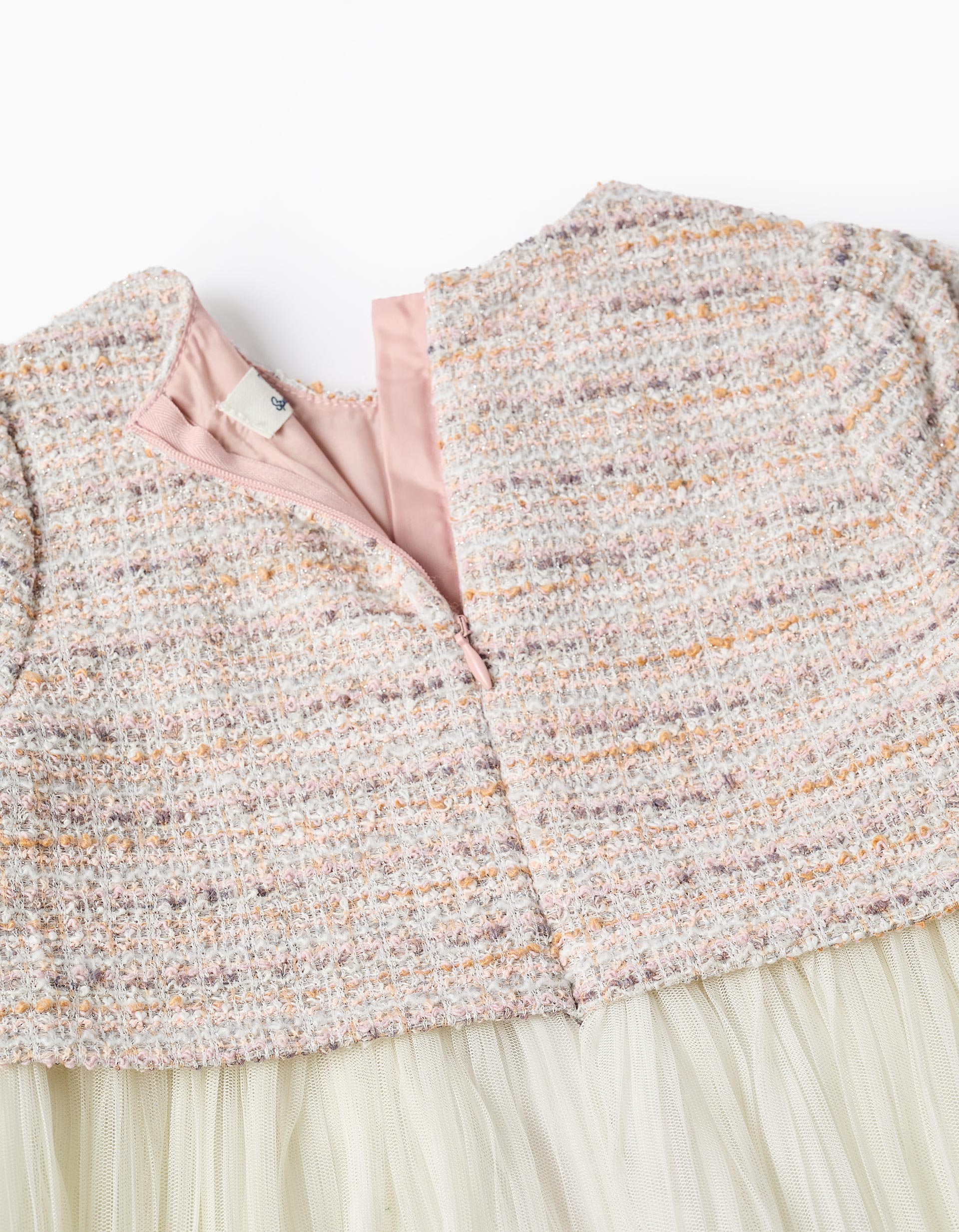 Dual-fabric short sleeve dress in tweed and mesh for girls, pink