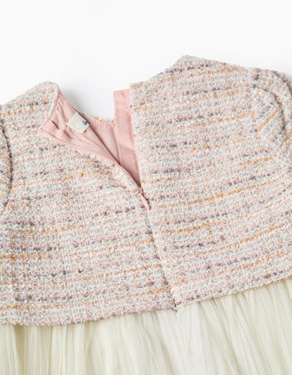 Vestido combinado de manga corta en tweed y malla para niña, rosa