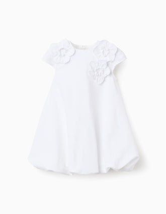 Cotton dress with balloon effect for newborn and baby girls, white