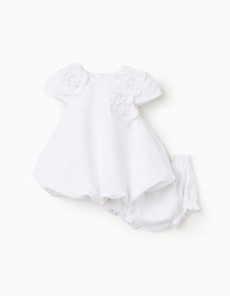 Cotton dress with balloon effect for newborn and baby girls, white