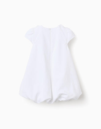 Cotton dress with balloon effect for newborn and baby girls, white