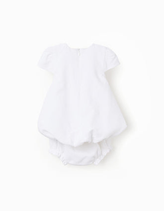 Cotton dress with balloon effect for newborn and baby girls, white