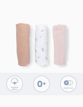 Pack of 3 Muslin Squares 70x70 cm Doomoo, Flower Pink