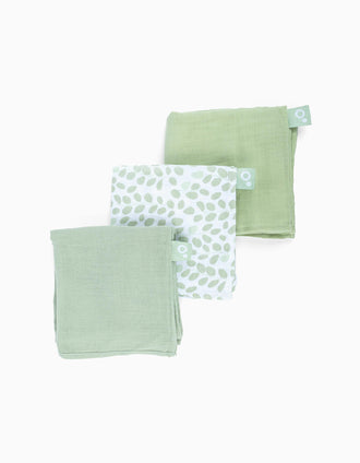 Pack of 3 Muslin Squares 70x70 cm Doomoo, Mini Leaves Green