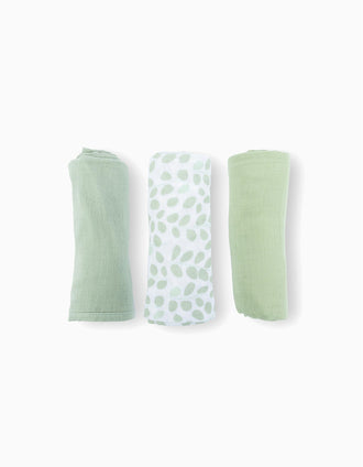 Pack of 3 Muslin Squares 70x70 cm Doomoo, Mini Leaves Green