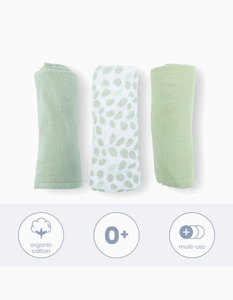 Pack of 3 Muslin Squares 70x70 cm Doomoo, Mini Leaves Green