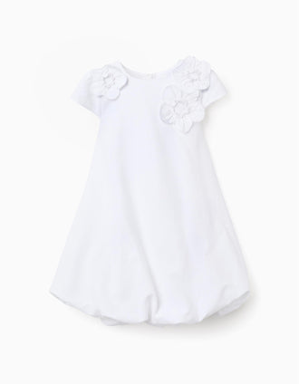 Cotton dress with balloon effect and flowers for girls, white