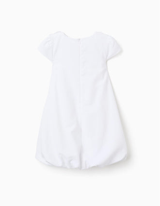 Cotton dress with balloon effect and flowers for girls, white