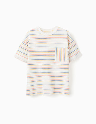 Striped cotton T-shirt with chest pocket for boys, multicolour