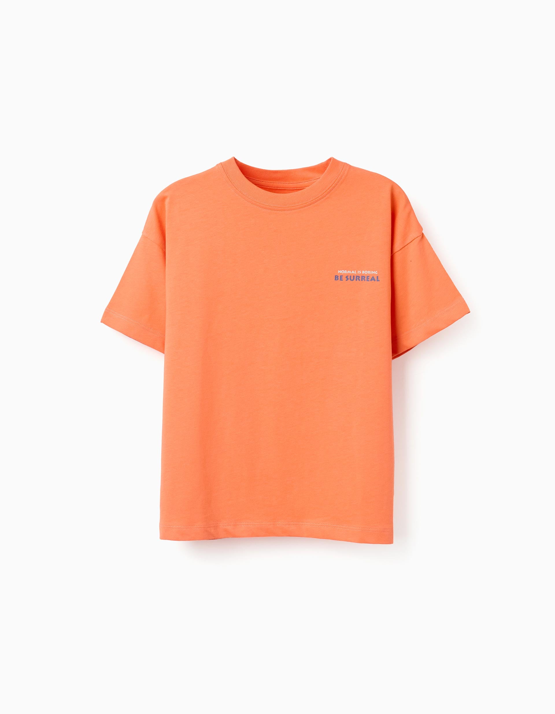 T-shirt de algodão com estampado Normal is Boring para menino, laranja