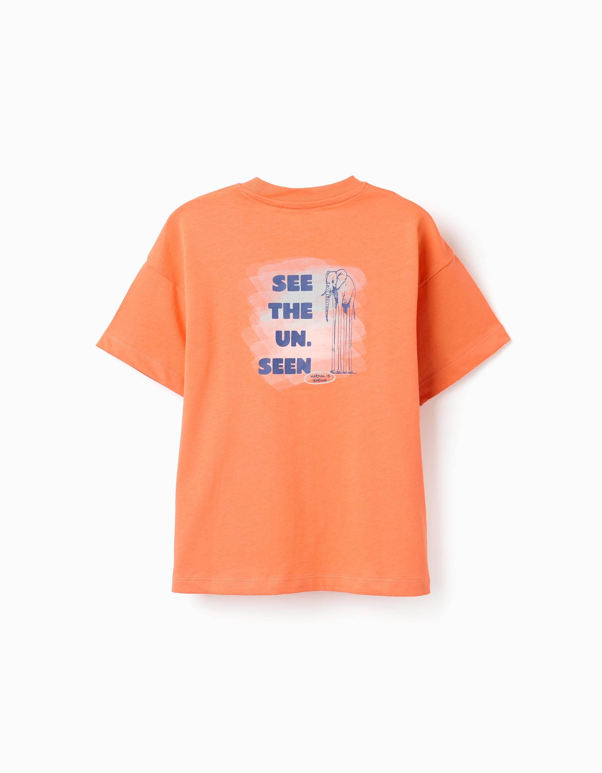 T-shirt de algodão com estampado Normal is Boring para menino, laranja