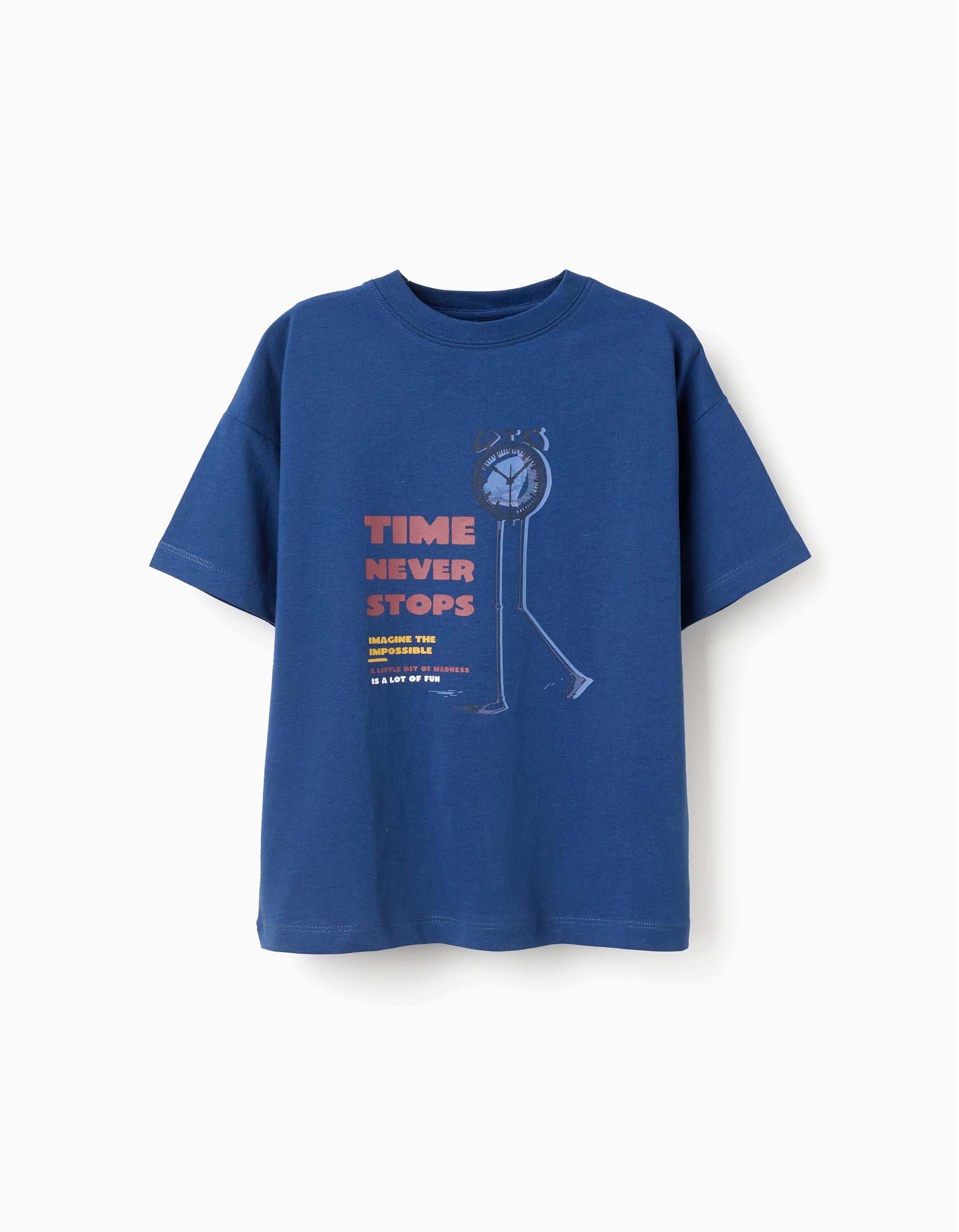 T-shirt de algodão com estampado Time Never Stops para menino, azul-escuro