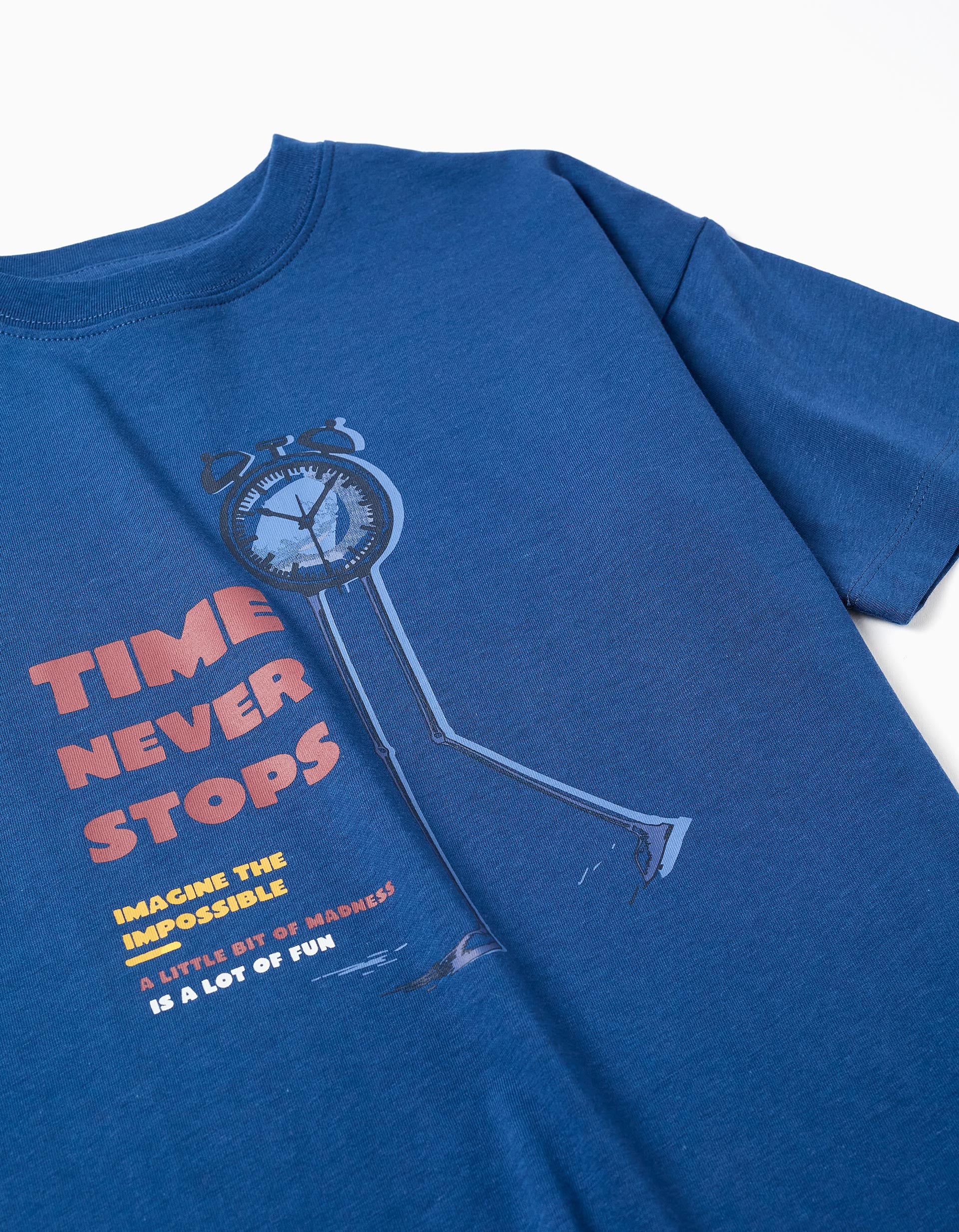 T-shirt de algodão com estampado Time Never Stops para menino, azul-escuro