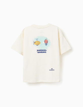 Cotton T-shirt with Normal is Boring print for boys, light beige