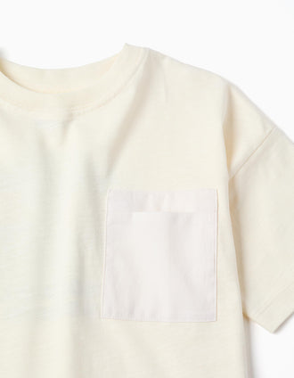 Cotton T-shirt with Normal is Boring print for boys, light beige